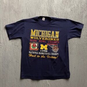 Vintage Michigan Wolverines Shirt Large Blue 1980s Rose Bowl Basketball
